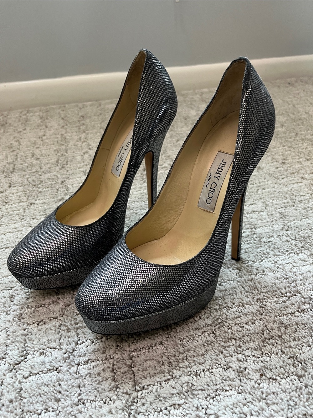 Jimmy Choo Gunmetal Sparkle Platform Stilettos 9.5